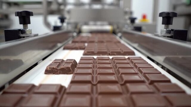 Finished chocolate bars travel through packaging machinery on food production line. Repeating rectangular pieces slide forward between metal rails, showing steady factory processing and assembly.