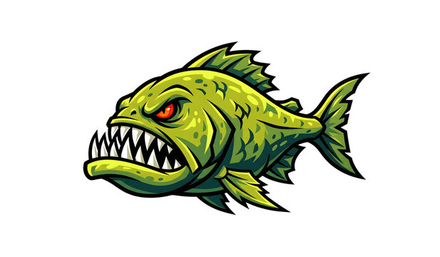 Angry green piranha monster fish with sharp teeth and red eyes mascot illustration