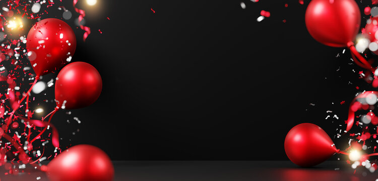 Red balloons with confetti falling on black background with copy space 3D render