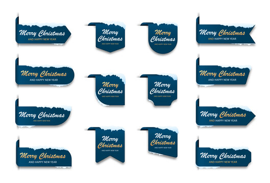 Set of Christmas labels, tags and ribbon banners with snowy edges and elegant holiday lettering.