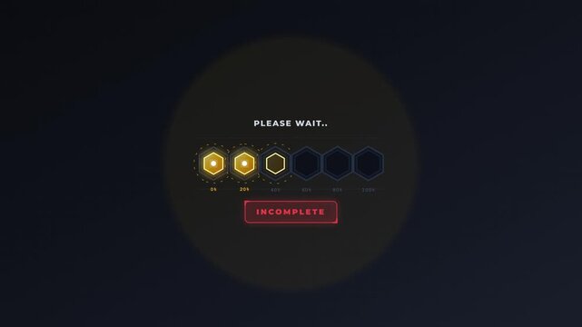 Futuristic sci-fi hexagonal progress loading bar animation with golden amber charging nodes, please wait indicator, and status changing from incomplete to complete on dark tech background.