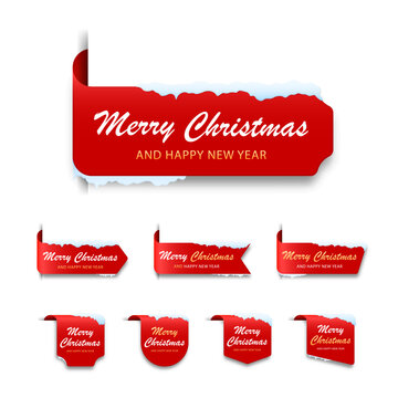 Set of festive red Christmas tags and ribbon banners with snow decoration and realistic folded paper effect.