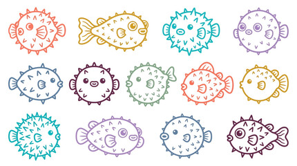 Set of cute colorful puffer fish hand drawn doodle icons on white background. © Ciara