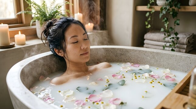 A woman relaxes peacefully in a warm milk bath adorned with rose petals, flowers, and eucalyptus in a cozy candlelit bathroom.