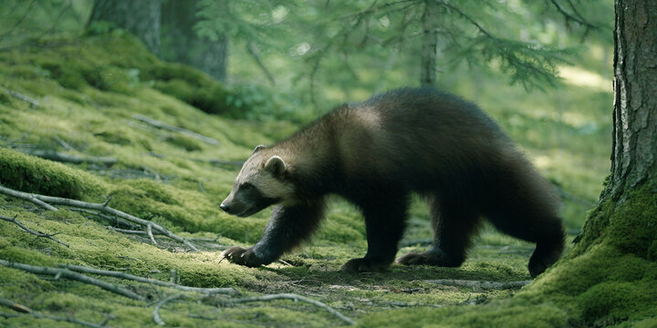Solitary wolverine moving through a mossy boreal forest under filtered daylight