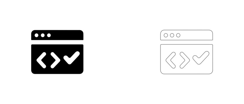 Code window with checkmark vector icon filled and outline, code validation and generation symbol.
