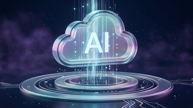 Glowing glass cloud icon representing artificial intelligence data streams with digital light particles and circular circuitry platform for corporate technology business presentations