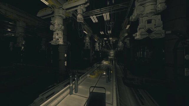 Dark robotic corridor with overhead arms, maintenance drone hovering near service bay, steel walkway flanked by suspended machinery and dim LED strips, moody