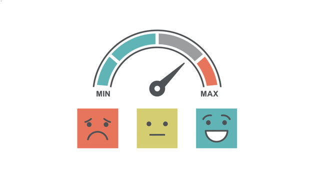 Performance meter with a needle pointing to max level above three colorful square emojis showing different emotional states.