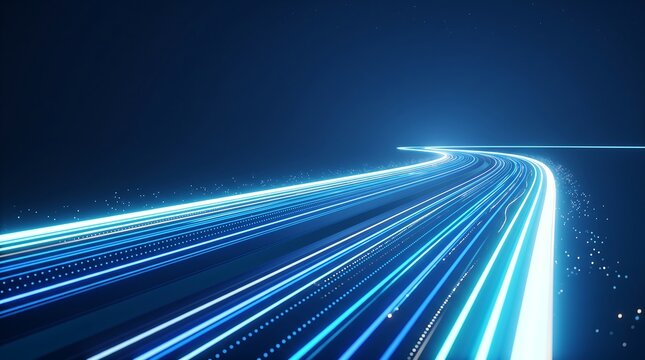 Fast moving light trails on a dark blue background creating a motion blur effect representing high speed data transmission and fiber optic communication