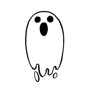 Hand-drawn black and white line art illustration of cute spooky ghost with screaming face isolated on transparent background. Surprised funny Halloween ghost icon for stickers, apparel, autumn prints.