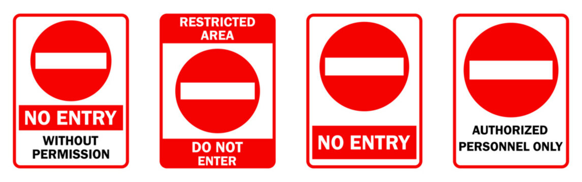 No entry authorised personnel sign. No entry and authorized personnel only prohibition signs. No unauthorized access sign. No entry, restricted area, access, prohibition. Vector illustration