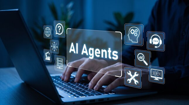 Developer working with AI Agents interface on laptop computer for automation and smart technology concepts