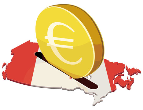 3D illustration of Canadian European financial investment, foreign trade, savings, and banking economy with a golden euro coin inserted into the Canada flag map (cut out)