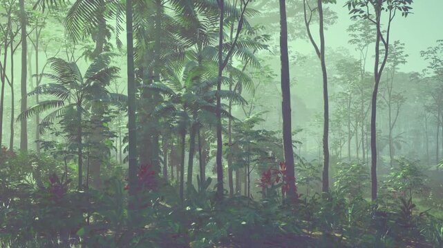 Sunrise through slender trunks and ferns on gentle slope, pale light and soft mist evoke quiet optimism for outdoor lifestyle and conservation messaging,