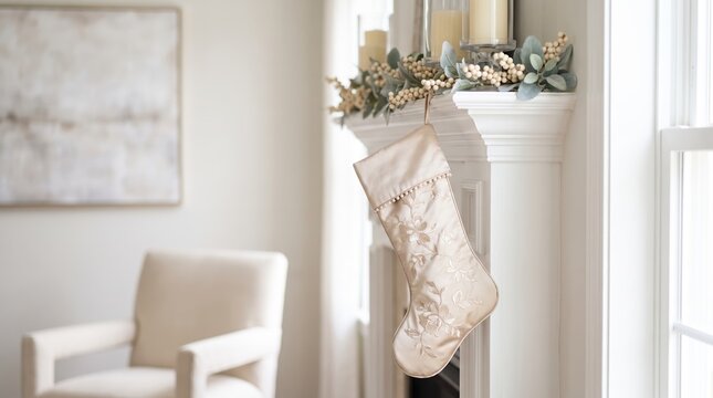 elegant home decor, a delicate satin stocking adorned with embroidery and pearl trim hangs elegantly