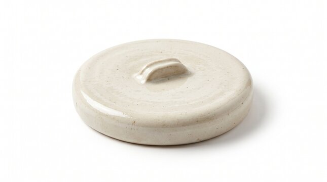Minimalist ceramic lid, handmade pottery pot cover, white earthenware kitchenware, isolated ceramic tableware for cooking design