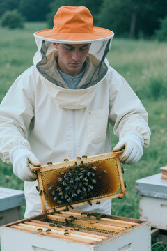 Vertical shot of young adult Caucasian male beekeeper inspecting honeycomb frame with swarm of honey bees at apiary, ideal for organic honey production and apiculture farming promo