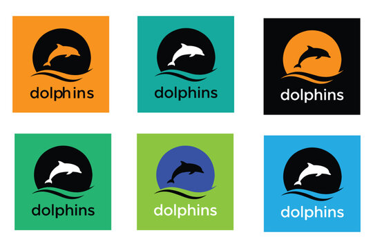 Six colorful dolphin logo designs featuring minimalist whale silhouettes on vibrant square backgrounds