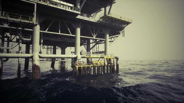 Oil rig edge and support columns with open sea, composition implies supply and logistics operations, utilitarian yellow safety fixtures visible, high contrast