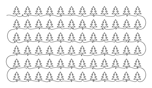 Christmas tree pattern with repeating rows of small evergreen trees connected by flowing continuous line drawing