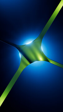 Green and blue glowing forms converge in a sleek vertical composition. Fluid curves and neon illumination create a futuristic abstract background. 3d render illustration.