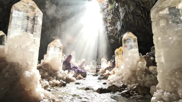 Breathtaking cinematic view of a mystical crystal cave with radiant sunlight beams piercing through the cavern ceiling to illuminate sparkling mineral formations and ancient rock textures.