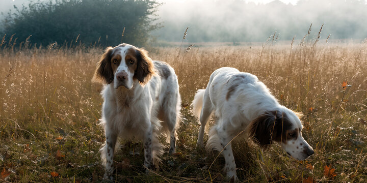 Two alert English setters in a misty autumn meadow