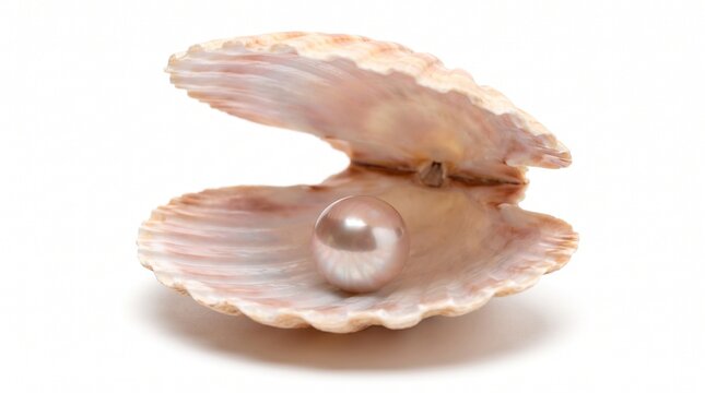 Single iridescent pearl inside open scalloped seashell isolated on white studio background.