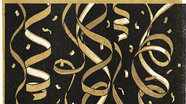 graphic design aesthetics, a bold risograph print features black and gold streamers with textured misalignment