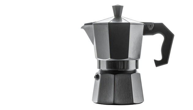 A classic octagonal aluminum moka pot with a black handle, isolated on transparent background