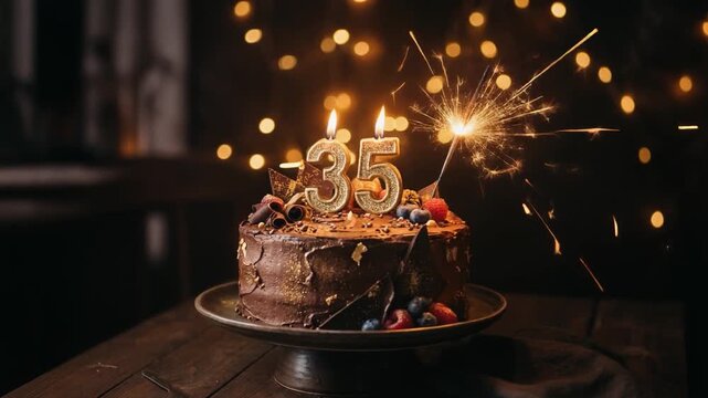 Elegant chocolate birthday cake with glowing number 35 candles and sparkling fireworks, celebrating a thirty fifth birthday in a festive atmosphere.