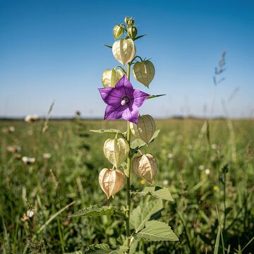 Flowering Nicandra physalodes Rising Above Green Meadow Grass Beneath a Blue Sky