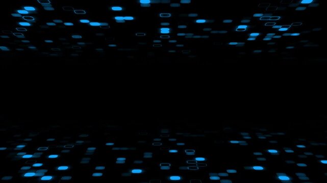 Blue neon blocks scattered across solid black background for copy space evokes digital matrix, ideal for tron backgrounds, cybersecurity concepts, data networks, and presentations.
