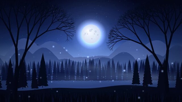Beautiful 2D animated loop of a serene forest nightscape featuring a glowing full moon, mountain backdrop, silhouette trees, flying birds, and floating fireflies. Perfect for relaxing ambiance, medita