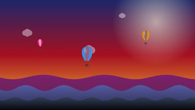 Colorful hot air balloons floating gently across vibrant sunset sky above rolling hills landscape