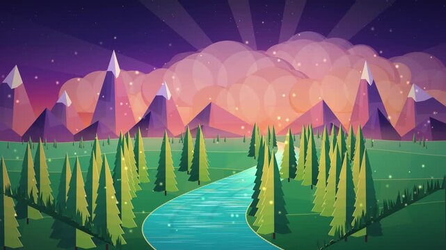 Stylized low poly vector animation of a tranquil river flowing through a pine forest toward majestic purple mountains during a colorful sunset with floating magical particles. Great for adventure game