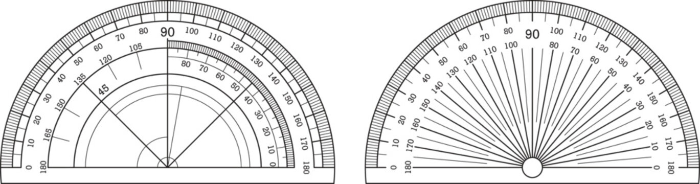Detailed black and white vector illustration of two mathematical protractor measuring tools for geometry education