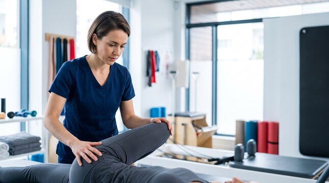 Female physiotherapist examining and stretching female patient leg joint on treatment table in modern rehabilitation clinic healthcare medical physical therapy wellness recovery sports injury