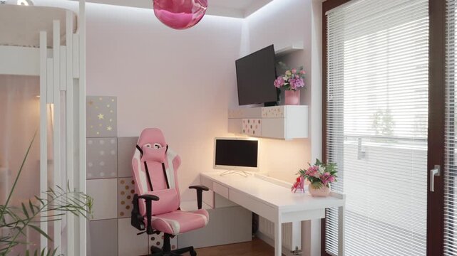 Pink ergonomic gaming chair stands in front of a white study desk with computer monitor and wall TV. Bright teenage bedroom interior combines gaming setup with cozy decor.