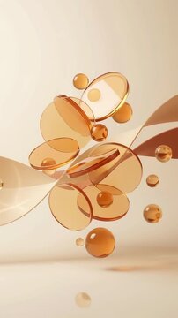Vertical Amber Orbs and Ripples: A mesmerizing abstract composition featuring translucent amber discs and spheres suspended amidst flowing, ribbon-like forms.