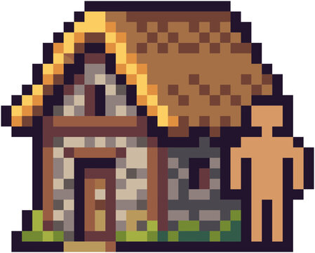 Medieval Pixel Art Fantasy Cottage House with Generic Character Avatar for Retro Gaming Asset