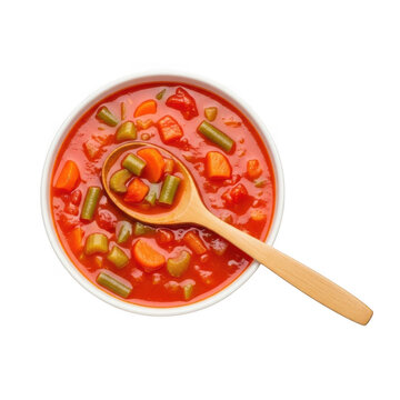Bowl of fresh vegetable soup with wooden spoon isolated on transparent background