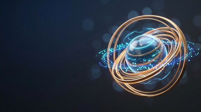 Quantum Computing Qubit Golden Blue Tech Background with Copy Space