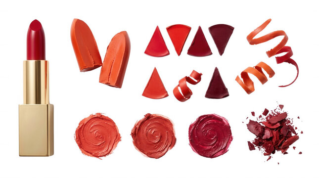 Cosmetic Lip Products Arrangement, featuring lipstick, lip balm, lip gloss, makeup, beauty products, cosmetic items, red shades, lip color, fashion, vanity