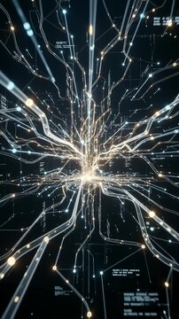 Vertical Abstract Network Connections: Glowing lines and nodes form an intricate, abstract network, representing data flow and technological connectivity.
