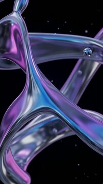 Vertical Iridescent Liquid Sculpture: Abstract, fluid forms of iridescent liquid twist and turn, reflecting a spectrum of vibrant colors against a dark background.