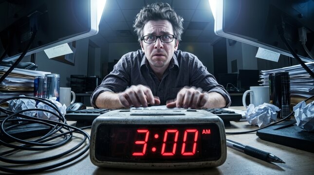 Man Working Late With Alarm Clock On Desk.