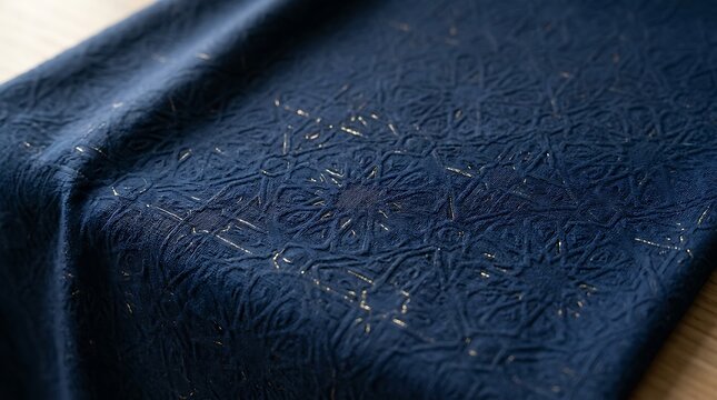 Intricate dark blue fabric with gold geometric patterns for luxury decoration.