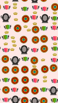 Pattern of crowns, shields, emblems, and chairs